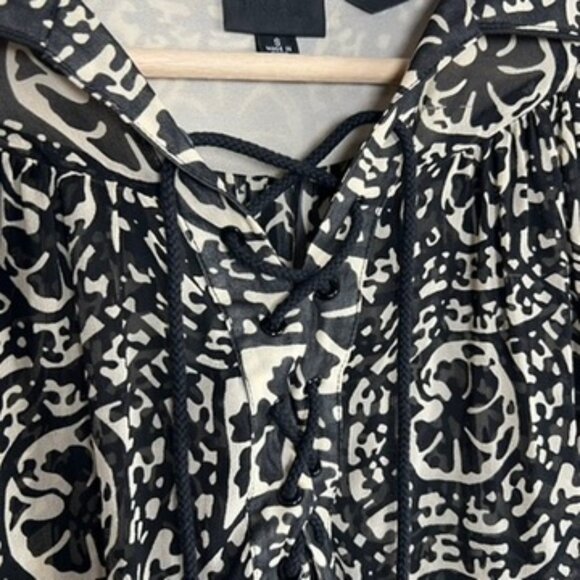 Anna Sui 100% Silk Sheer Black White Red Pattern Lace Up Mini Dress, Size Small - Picture 4 of 9